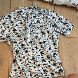 DIXXON Short-Sleeve Palm Print Button-Up Shirt - White & Light Blue